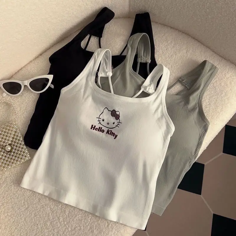 Camisole Padded Vest Hello Kitty Cartoon Print Sanrio Versatile Underwear Women's Slim Hot Girl Pure Desire Slimming Topsb Cute