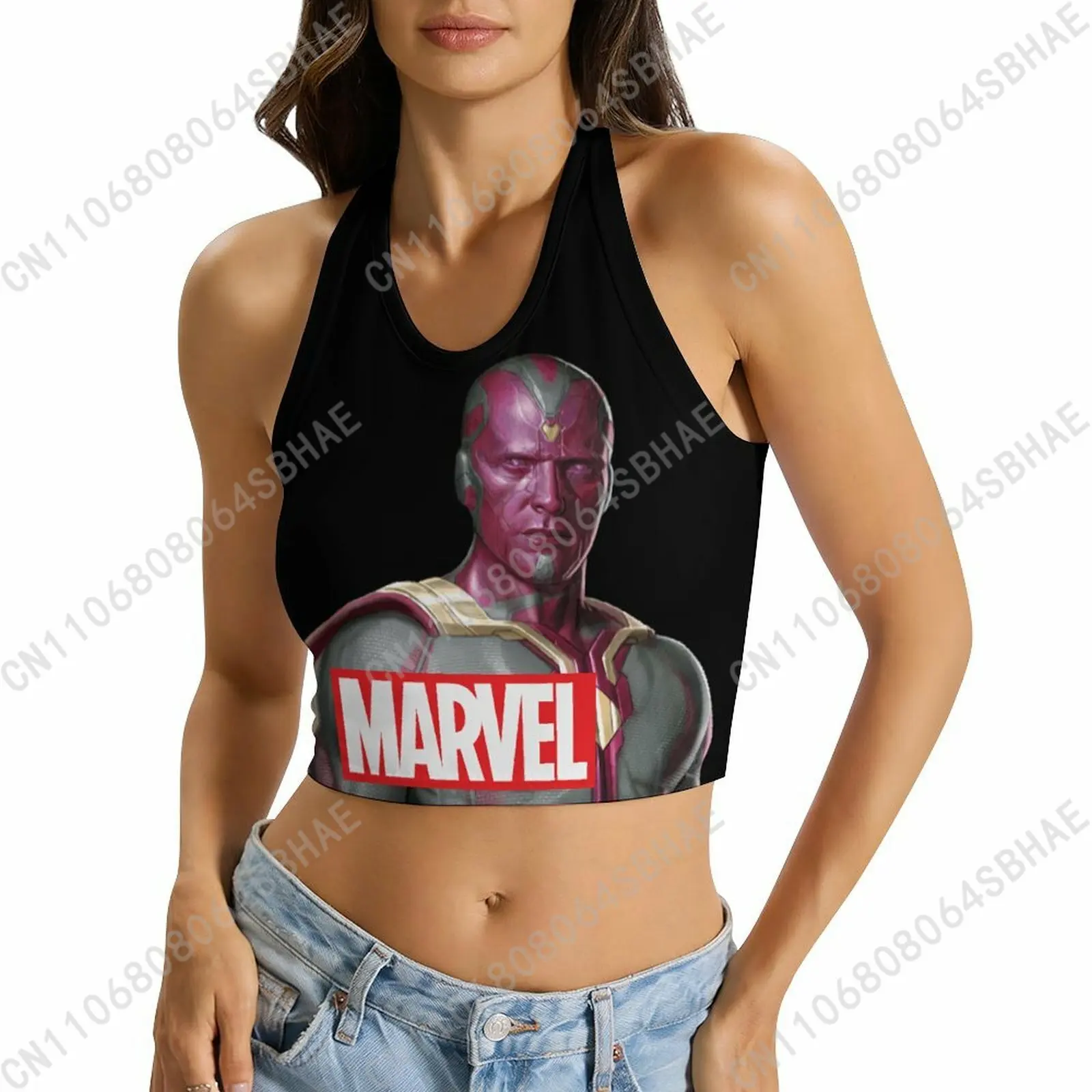 

Marvel Vision Custom Photo Women's Halter Top Personalized Picture Tie Back Cami Upload Your Gift Wife Girlfriend Cosplay