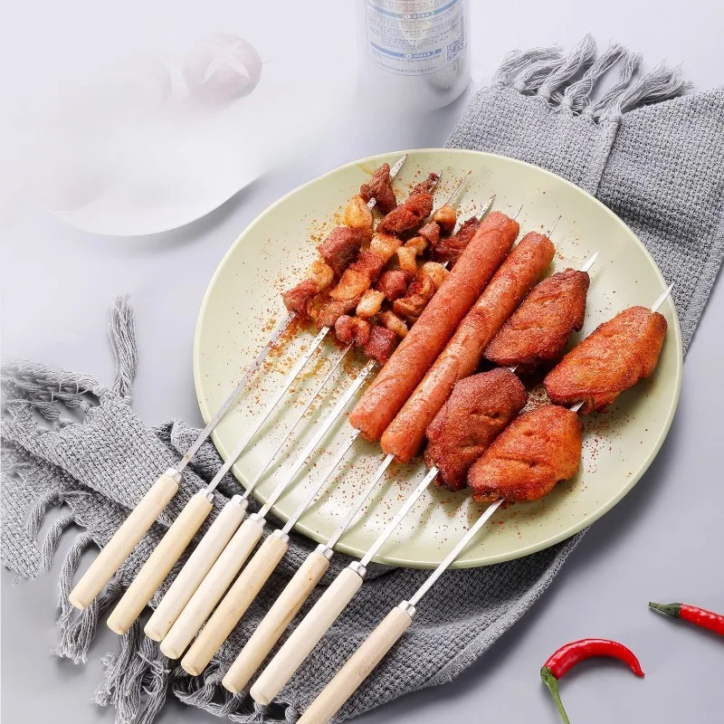 10 wooden handle heat-resistant barbecue skewers, reusable 304 stainless steel metal barbecue skewers, wide skewers