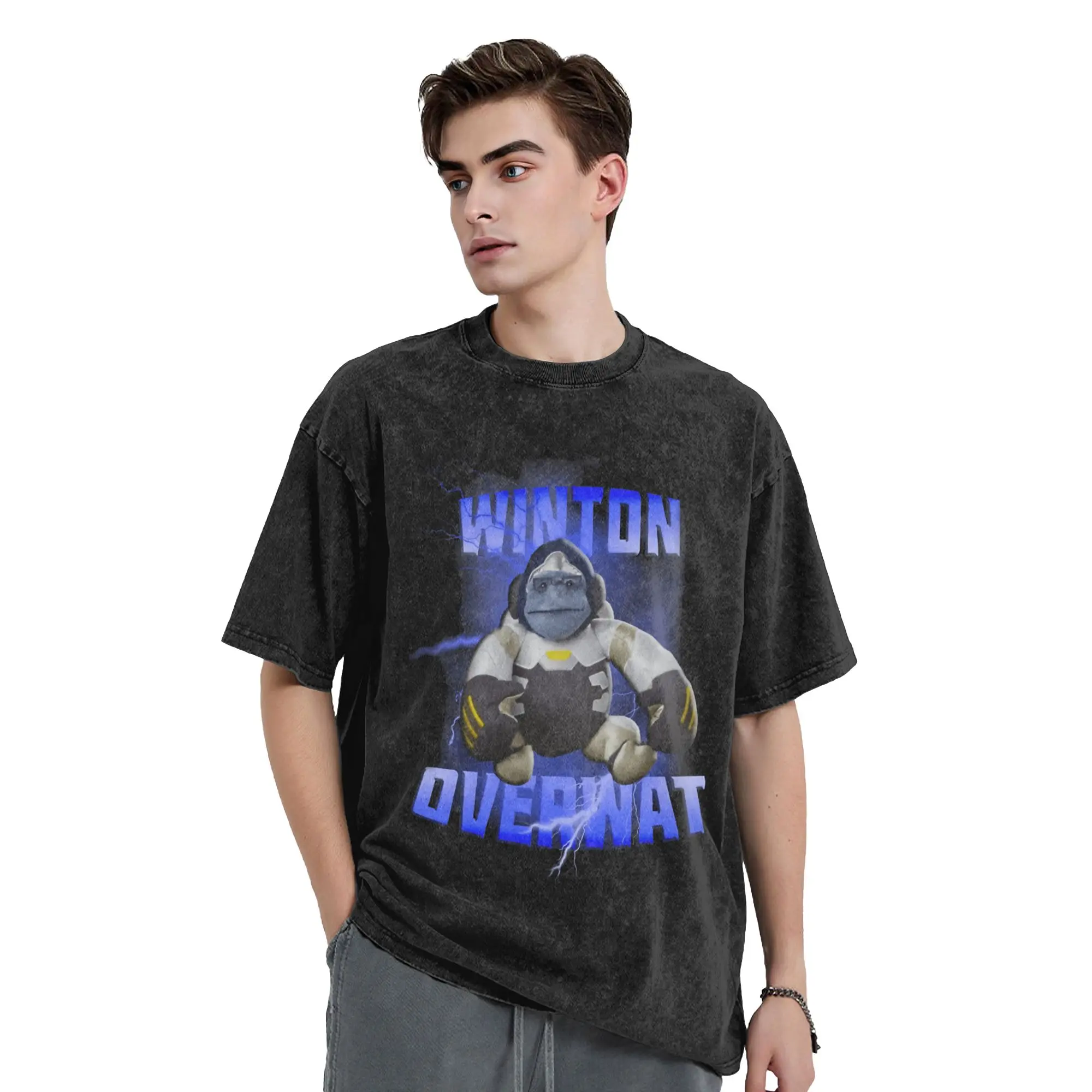 Winton meme Winston Overwatchs Men's T Shirt Washed  Fun Tee Shirt Short Sleeve Crewneck T-Shirt 100% Cotton Summer Clothes