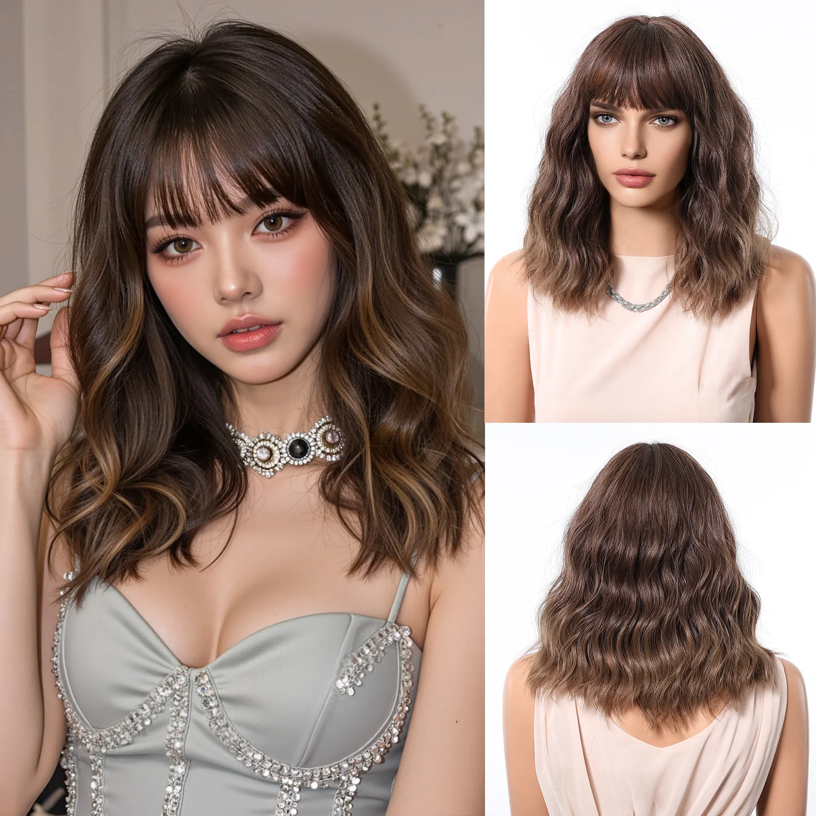 قصيرة العسل البني مجعد بوب بيروكات صناعية قصيرة متموجة لوليتا شعر مستعار طبيعي مع الانفجارات للنساء مقاومة للحرارة تأثيري