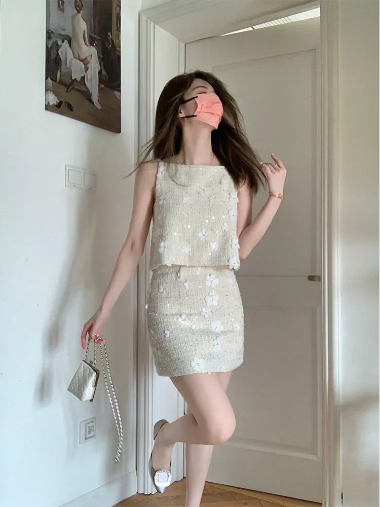 LML set women's summer new French sequin short sleeveless top with buttocks wrapped skirt fashion two-piece set womens outifits