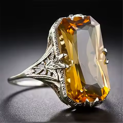 Retro Unique Square Crystal Hollow Carved Silver Color Ring for Women New Luxury Temperament Ladies Party Premium Gift Jewelry