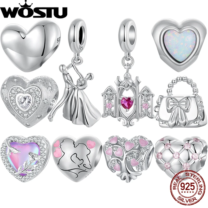 WOSTU 925 Sterling Silver Pink Heart Charms Lover Couple Wedding Pendant Opal Beads Fit for Original Bracelet DIY Valentine Gift