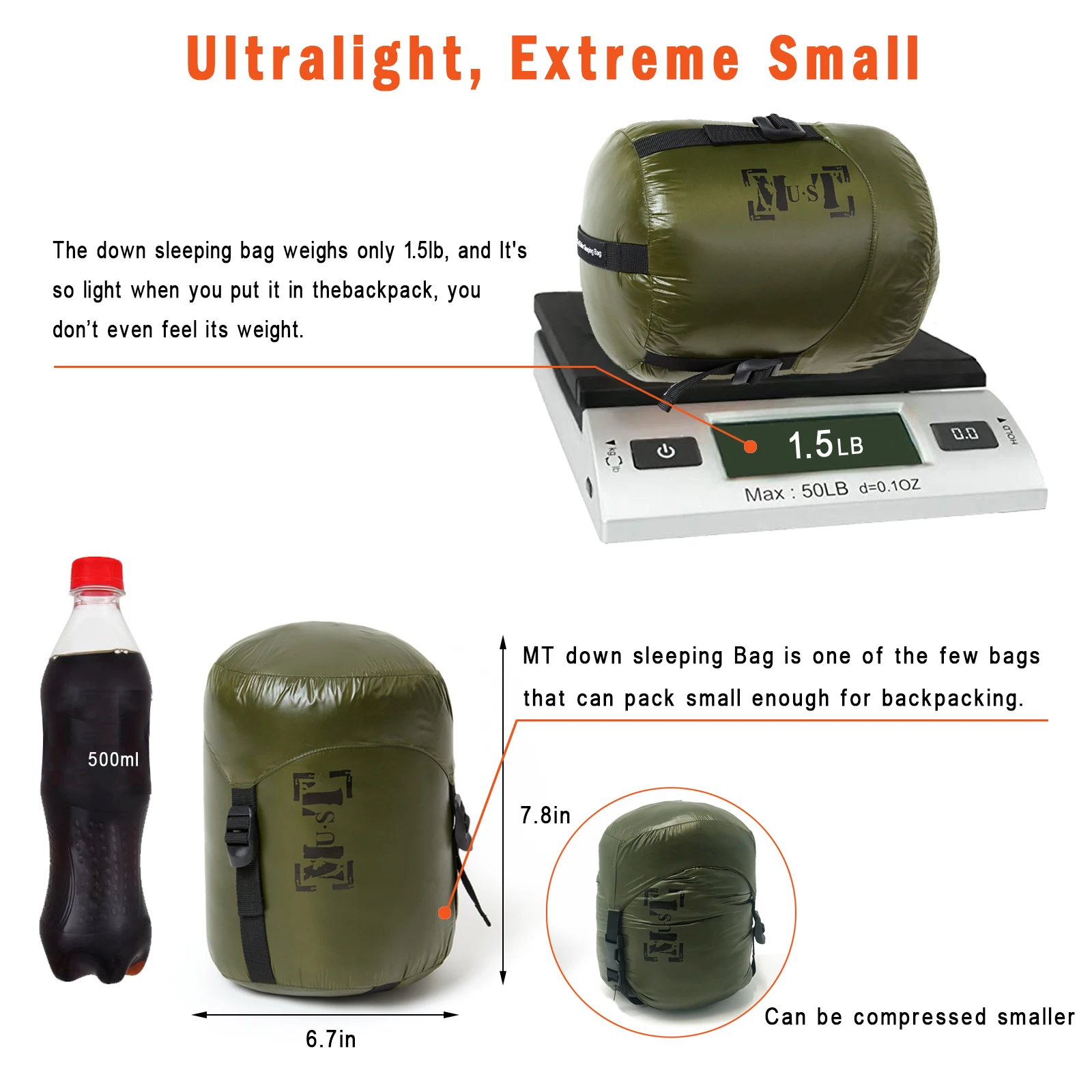 

Ultralight Down Sleeping Bag F400 Fill Power 3 Seasons Compact Portable Waterproof Camping Sleeping Bag with Compression Sack