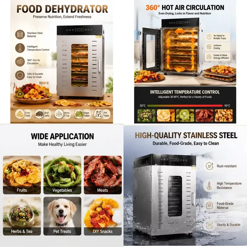 Professional Food Dehydrator Stainless Steel Fruit Vegetable Dryer for Household and Commercial Use