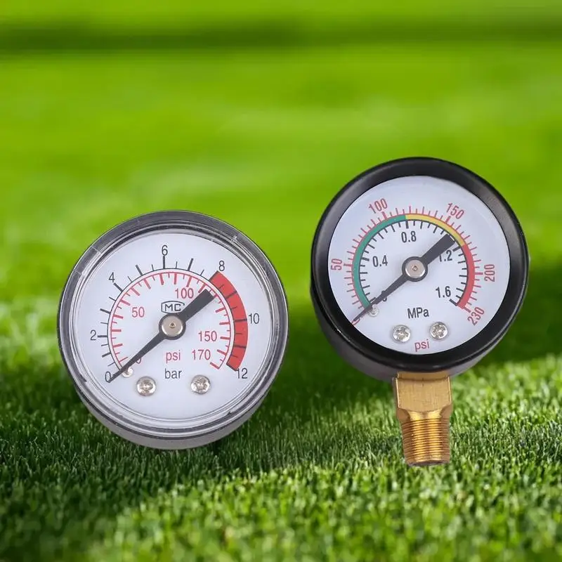 เกจวัดแรงดันลมแบบใช้งานได้จริง: ตรวจสอบของเหลวไฮดรอลิกแบบนิวเมติก, 0-12 บาร์ / 0-170 PSI, หน้าปัดใช้งานง่าย