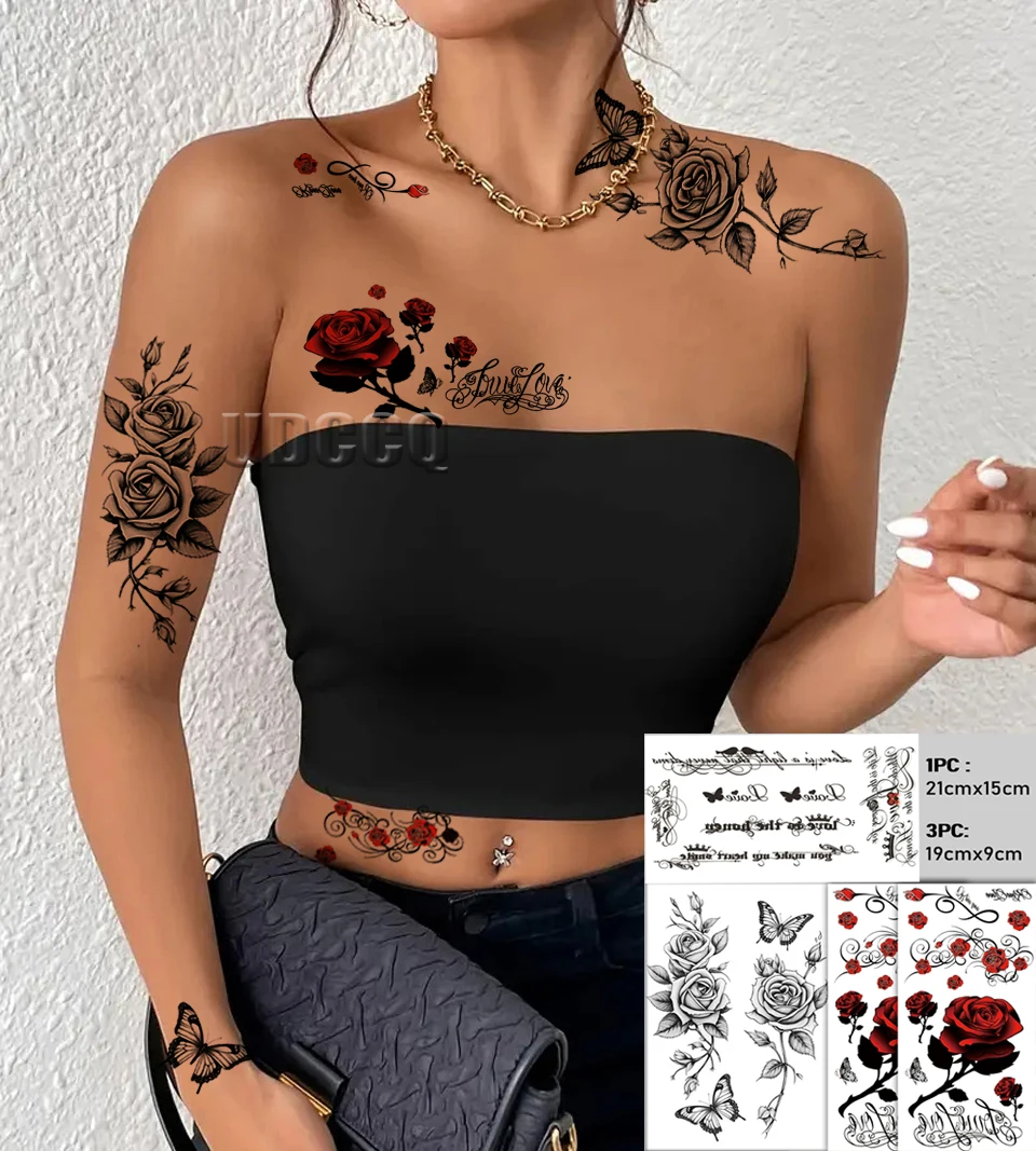 

4 шт. красные временные татуировки с цветком розы на руку и ногу, сексуальный дизайн для зачистки груди и бедра, водонепроницаемые, идеально подходят для женщин