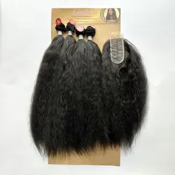 Paquete de paquetes de cabello sintético Afro Kinky Straight, paquetes de cabello sintético con cierre de encaje de Parte 2x4 T, acogedor ondulado, paquete de 4 piezas