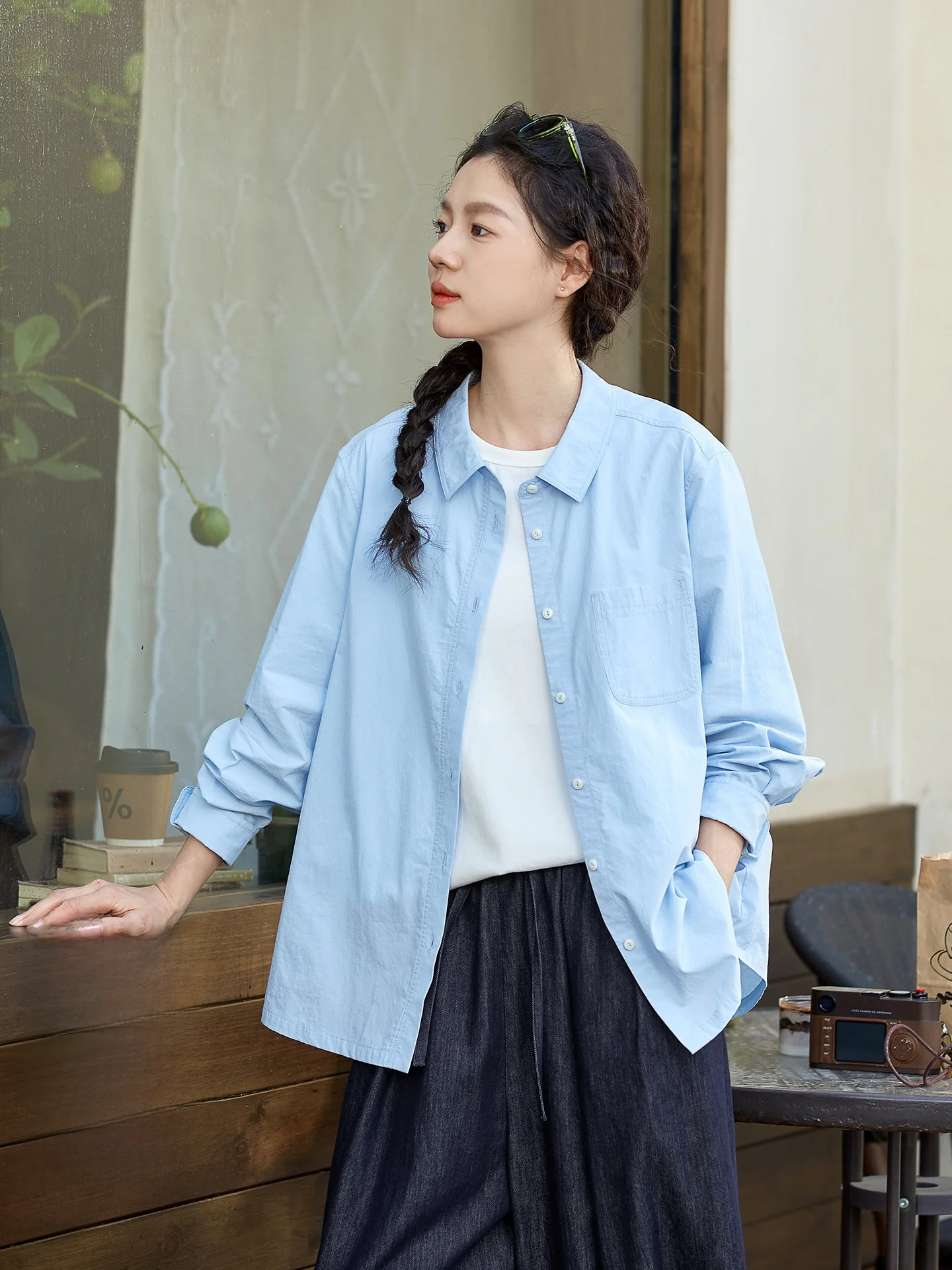 

Original Blue Cotton Casual irt Women's Loose Fit Long Sve Turn-down Collar Top Breathable Comfortable Spring Faion