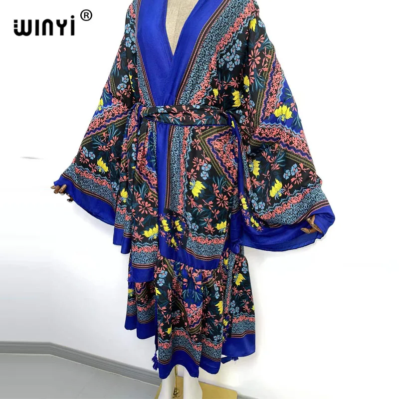 Europe WINYI Women kimono fashion Vintage Totem Floral boho caftan Print Waist seal abaya Dress long Sleeve Casual Kaftan