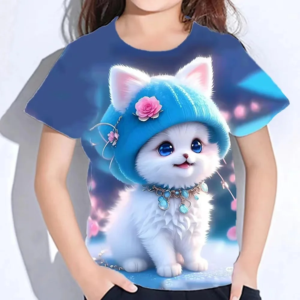 Camisetas divertidas para niñas, Top de manga corta de verano con estampado 3d de animales de dibujos animados y gatos, ropa para niñas, camisetas informales de moda 2025