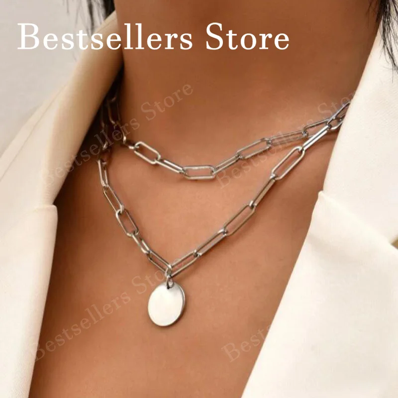 925 Sterling Silver / Gold-Plated 18-Inch Double-Layer Round Charm Necklace – Elegant Women's Fashion Party Gift Jewelry