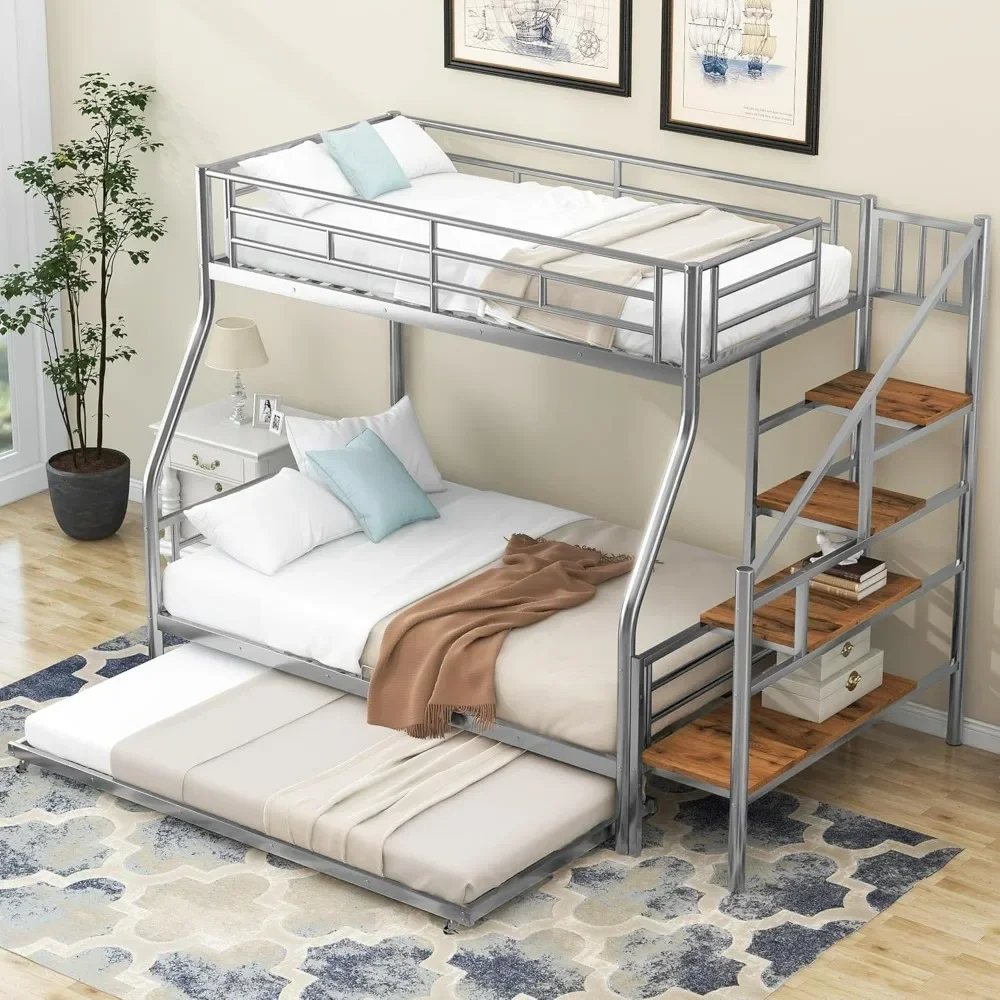 

Twin Over Full Bunk Bed with Trundle and Stairs, Storage and Safe Guardrails, Noise Reduced, Twin Over Full Size Metal Bed Frame