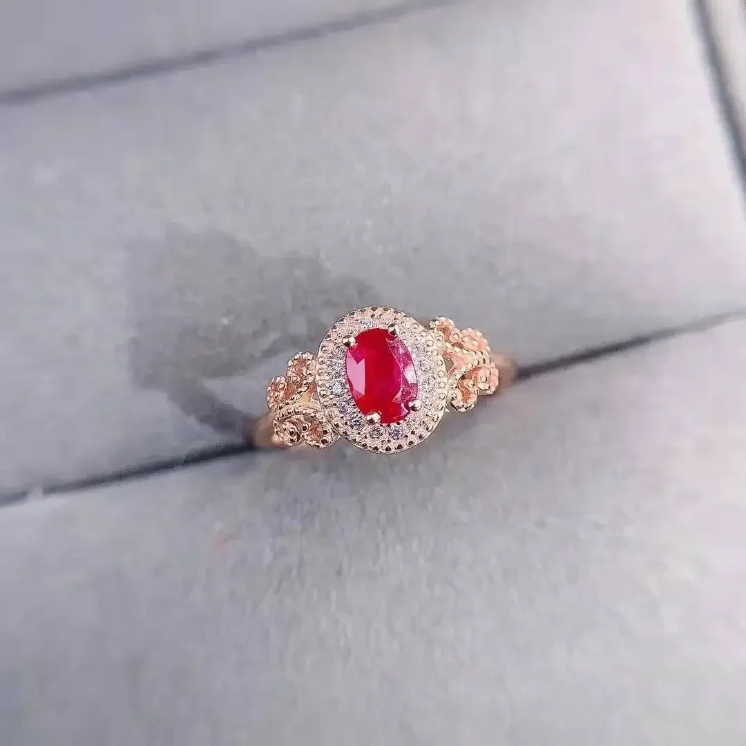 Anillo de Plata de Ley S925 100% Auténtica con Rubí, Anillos de Compromiso para Mujer, Joyería de Rubí Original
