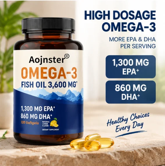 High Potency Omega 3 Fish Oil Softgels 3600mg, EPA 1300mg DHA 860mg, Lemon Flavor, 120 Count for Adults Nutritional Support