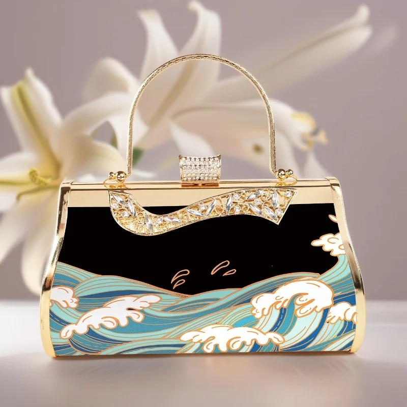 

2025 Summer Trendy Designer Sea Wave Pattern Women Tote Bags Glitter Elegant Evening Bags Antique Cheongsam Bags Niche Handbags