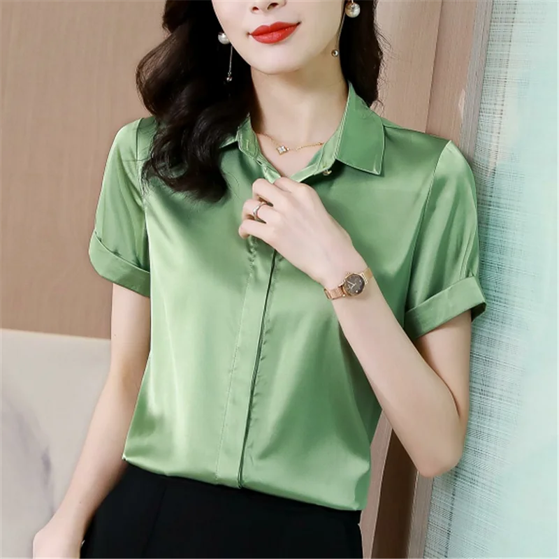 

Women's Shirt Solid Button Blouse for Women Satin Office Lady Short Sleeve Shirts Green Polo Neck Blouse Spring Woman Shirt