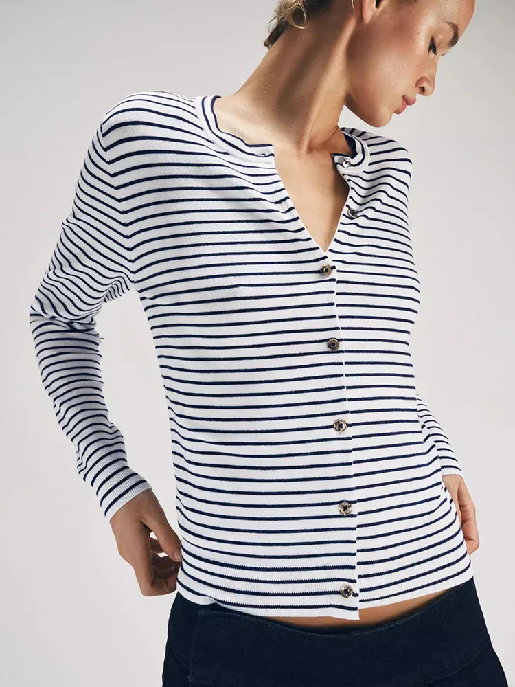 Spring 2026 New Casual Striped Knitted Jacket Women's Short Outerwear Long Sleeve round Neck Button Closure Other Material 100%
