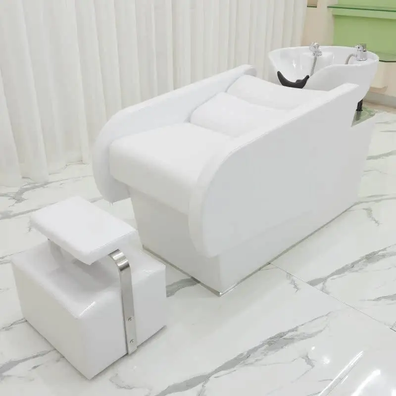

Internet celebrity semi-reclining ceramic basin flush bed barber shop special white European simple shampoo bed