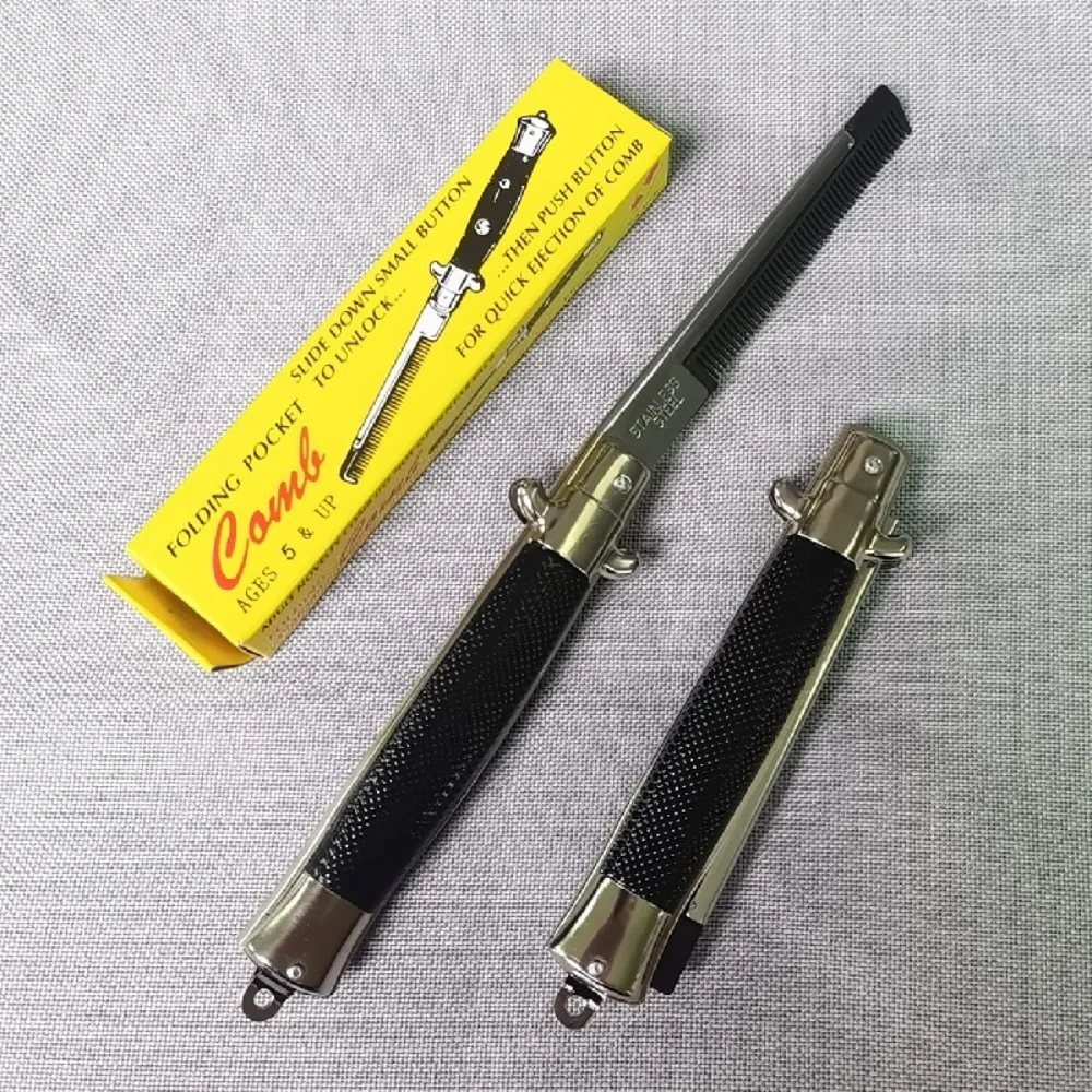 

Trendy Metal Folding Spring Comb Black Safety Switch Automatic Jump Comb Moustache Beard Comb