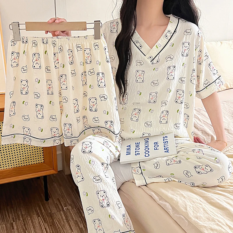 

Хлопковый пижамный комплект из трех предметов с v-образным вырезом и летним коротким рукавом, женская одежда для сна, брючный костюм, тонкая женская пижама с принтом медведя из мультфильма