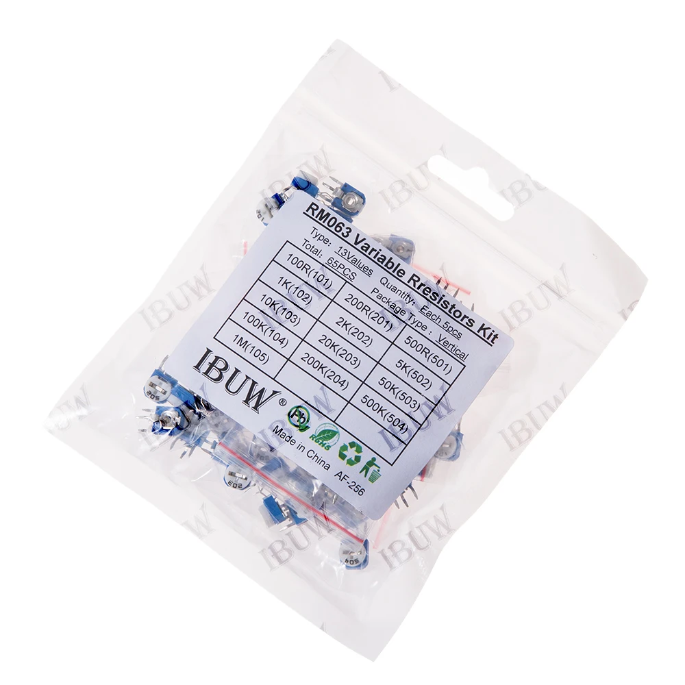 65PCS 13Values RM063 Vertical Variable Resistors Kit (100R-1MΩ) for PCB Circuit Adjustment 100R 1MΩ 500R 20K 50K