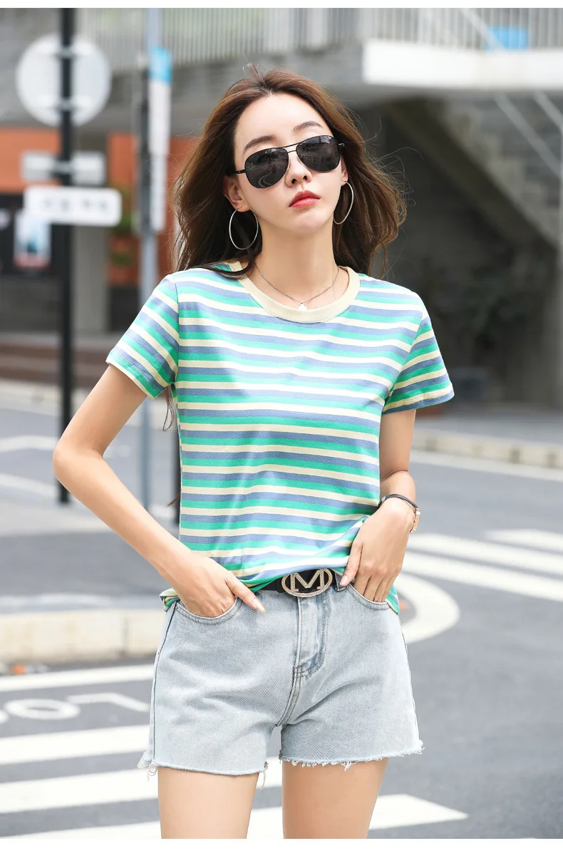 Damen Sommer T-Shirt mit Streifenmuster, kurze Ärmel, neu, schlankmachend, lockere Passform, halblange Ärmel, lässiges Basic-Oberteil – Detail 16