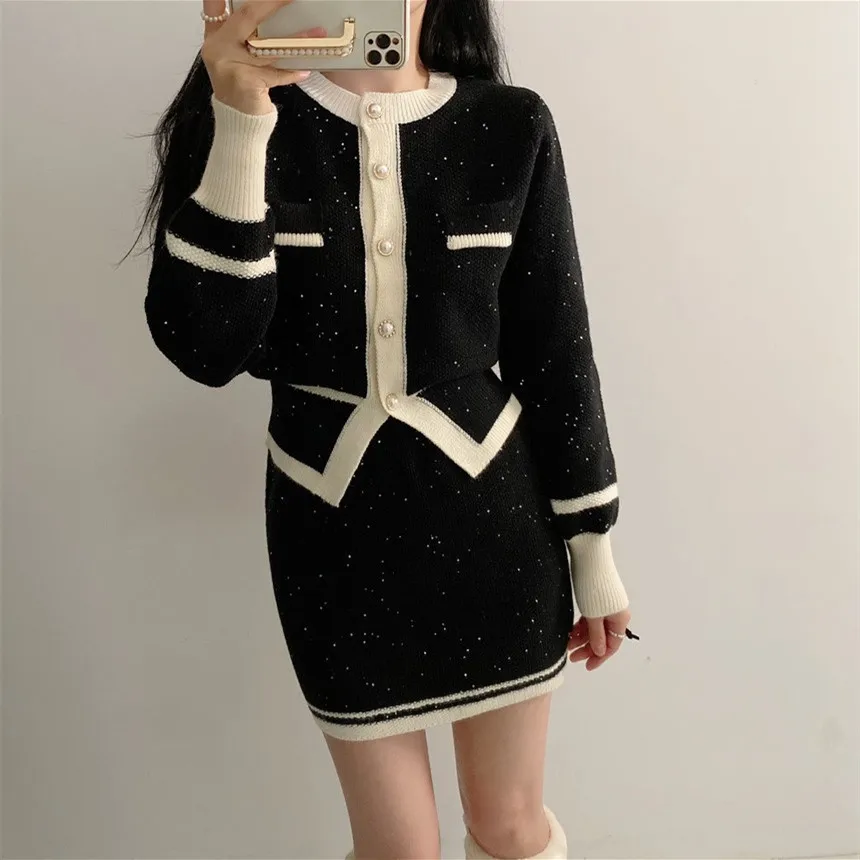 Vintage sequin Knitted Two Piece Set for women Contrast Color Long Sleeve Cardigan Top + Mini Skirt Sets Korean Fashion Outfits