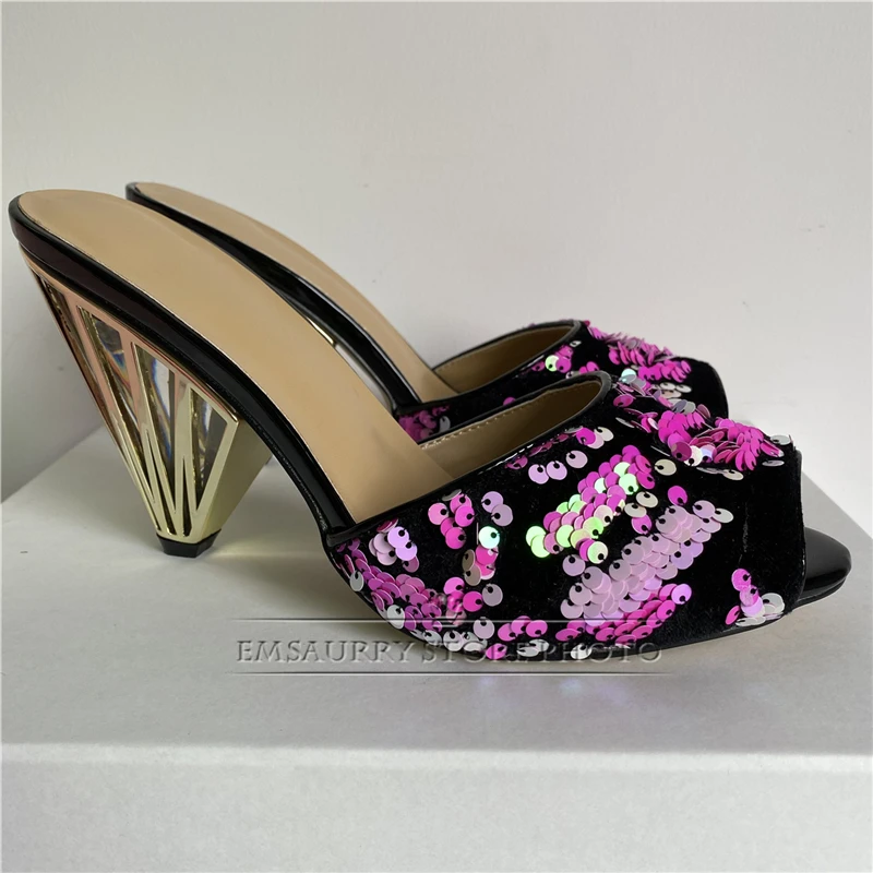 New 2024 Spring Bling Sequins Sandals Women Individual Metal Spike Heel Clear Crystal Transparent High Heel Mules Lady