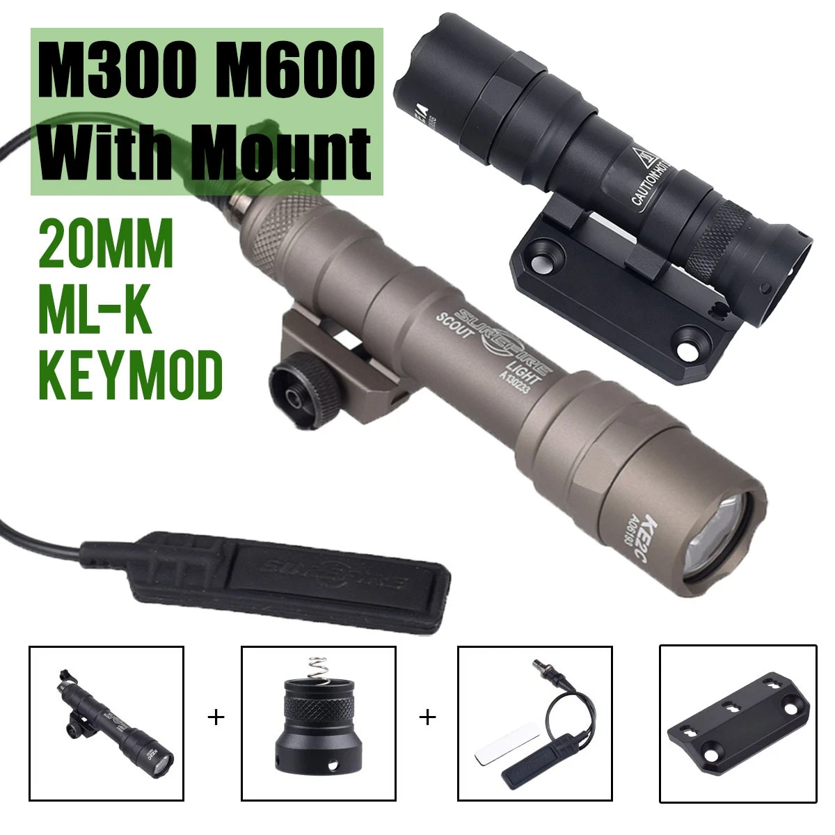 M600 M600C M300 Surefire Tactical Rifle AR15 Flashlight Hunting Aisoft Rifle Scout LED Light Metal Mount Adapter ML-K 20mm rail