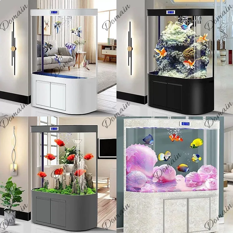 Large Fish Tank Living Room Floor Standing Bottom Filter Curved Float Glass Eco Self-Circulation Low Maintenance Aquarium