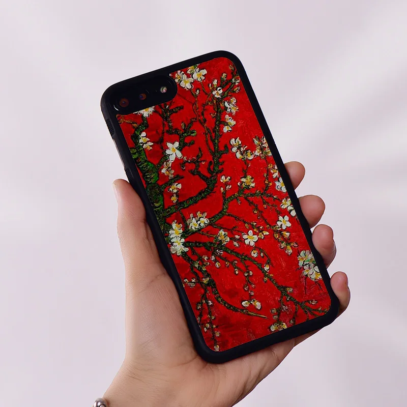 Wildflower Silicone Phone Case Cover for iPhone 6 6S 7 8 Plus X XS XR 11 12 13 14 15 Mini Pro Max Van Gogh Red Almond Blossom