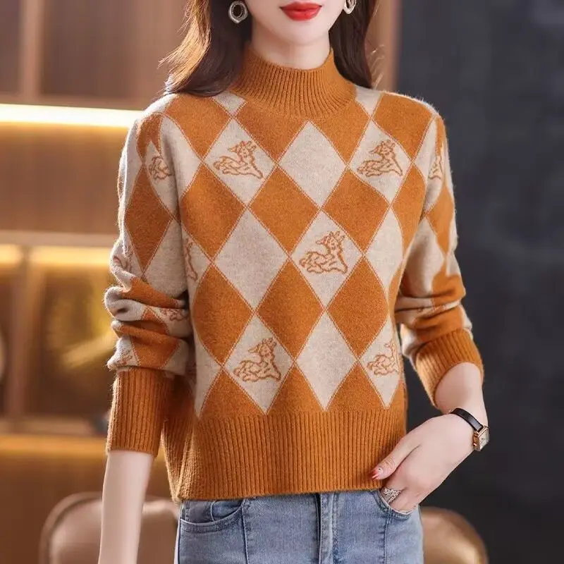 Vintage Women Half High Neck Plaid Sweater Autumn Winter Simple Jacquard Long Sleeve Korean Fashion Casual Knit Pullovers Tops