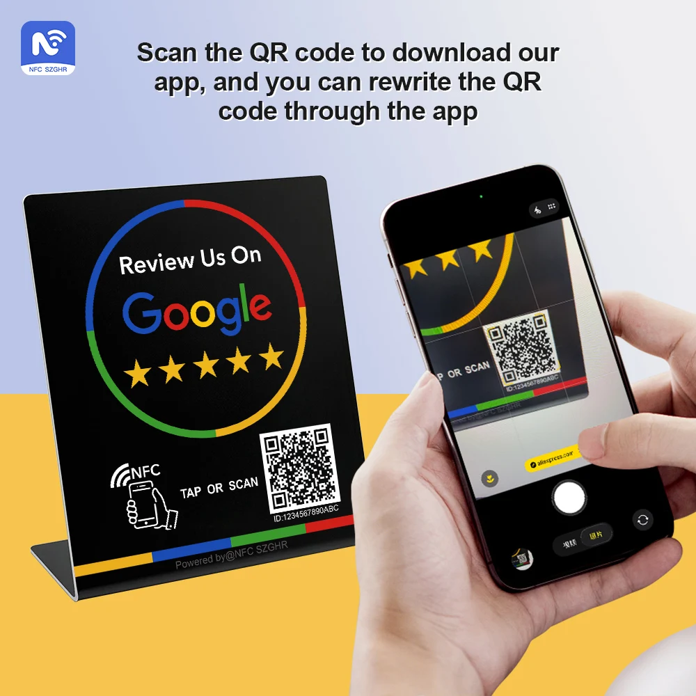 NFC Stand 215 Programmable QR Code TAP Google Review Acrylic Stickers Card NFC Station Table 13.56Mhz Waterproof NFC Review Card