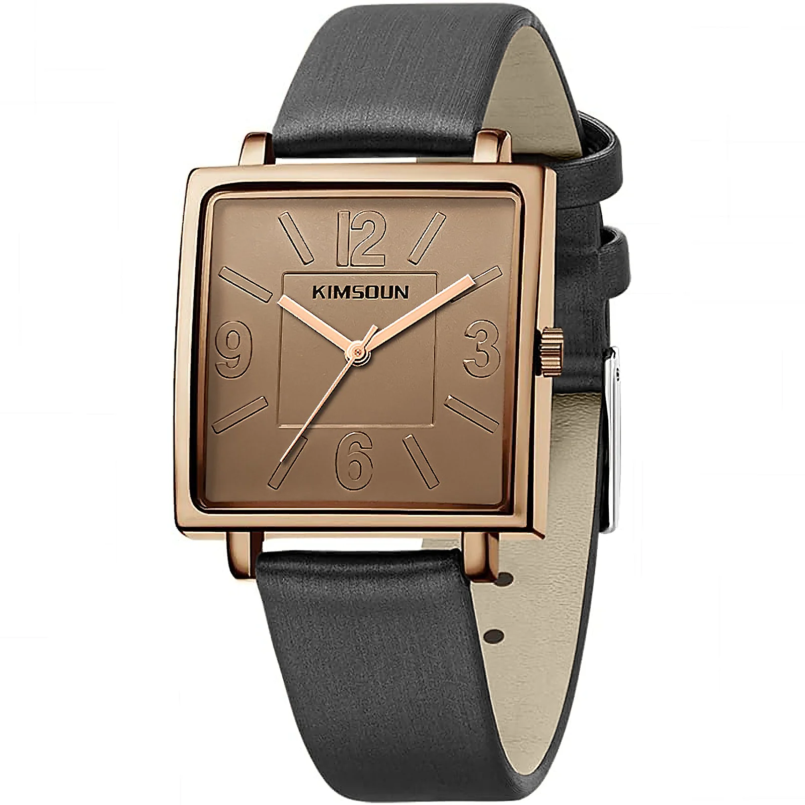 KIMSOUN Women Square Quartz Wristwatch Rose Gold Case Black Genuine Leather Strap Analog Watch Minimalist Casual Dress Waterproo view 2