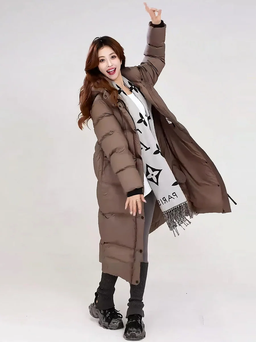 

New Winter 2025 Faionable Brown Hooded Women's down Jaet Knee-Length Mid-Length Commute Sle Thiened Du down Coat