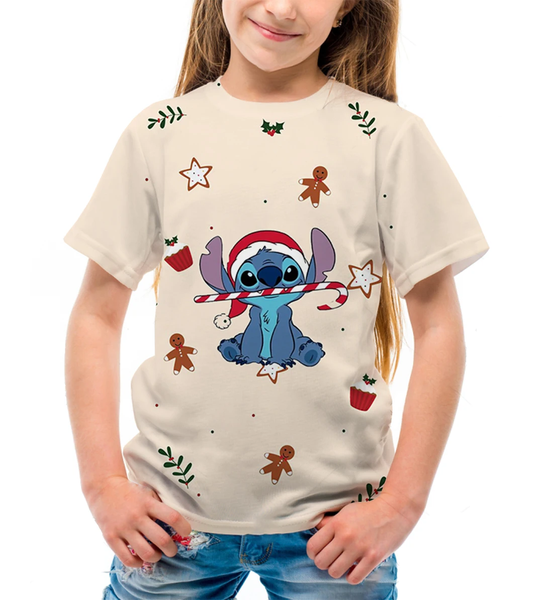 Novedad de verano para niñas, camiseta holgada y cómoda con estampado de dibujos animados de Navidad de Disney Stitch, camiseta de manga corta para niños, Top de cuello redondo