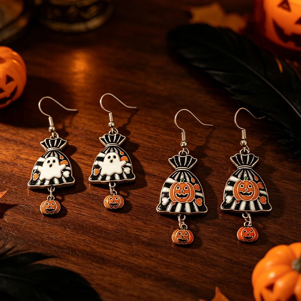 Halloween candy bag pumpkin ghost pendant earrings, vintage distressed silver with oil drops, quirky and fun holiday earrings for women