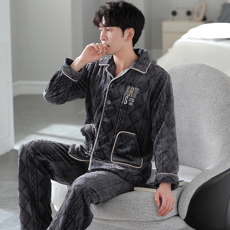 Flannel Pajama Sets Men Winter Men\'s Pajamas Thick Warm Lounge Set Fashion Letter Embroidery Male Pijama Casual Loungewear 3XL