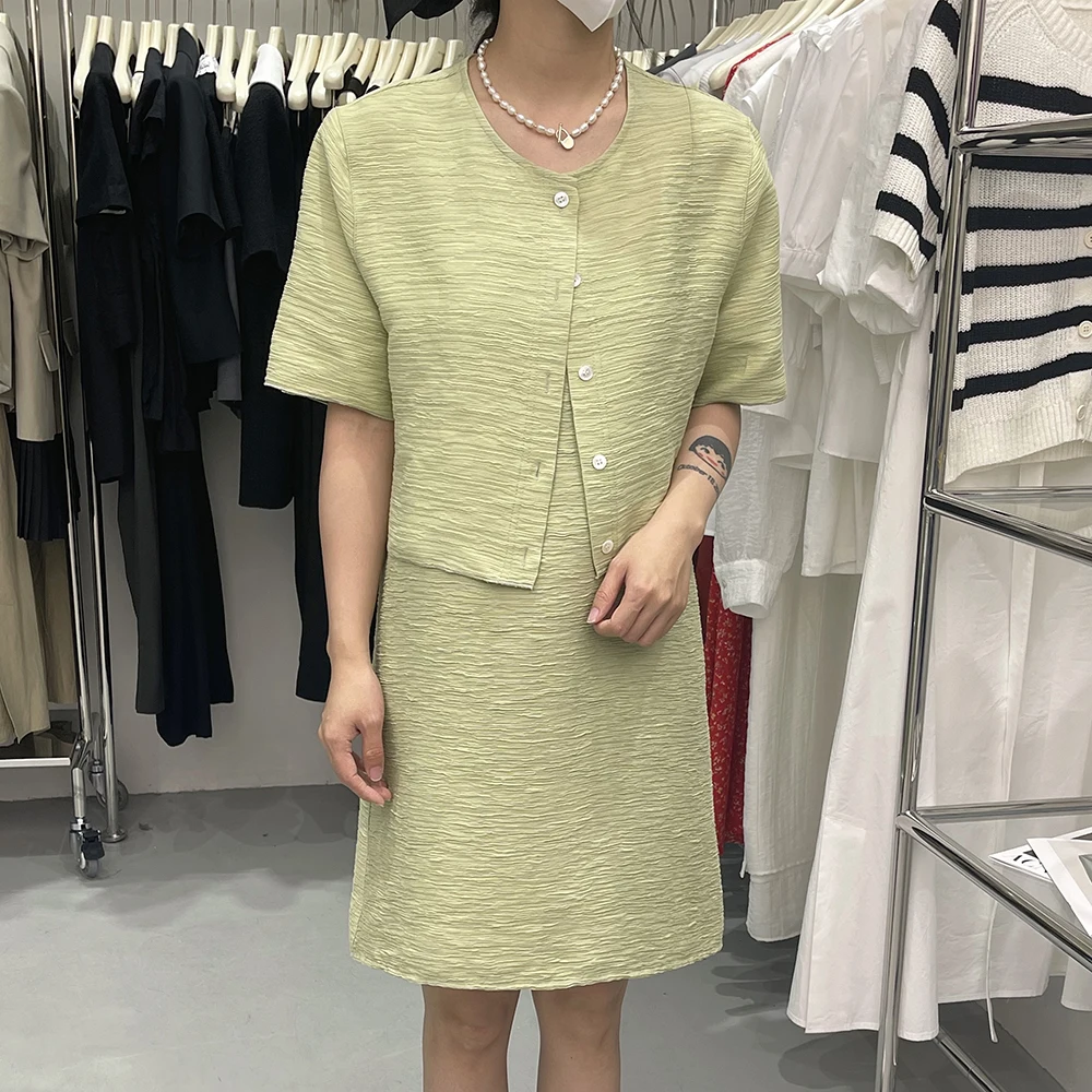 

Waiore Summer 2025 Women's Korean Style Two-Piece Set Short Sleeve Strap Dress Jacket Outfit Cotton Blend Midi Skirt