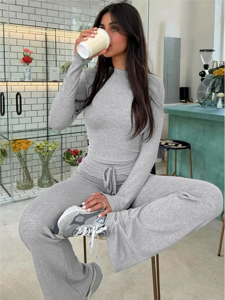 2025 feminino casual 2 peça calças conjunto de mangas compridas bodycon colheita superior e cordão alargamento calças combinando conjunto streetwear outono