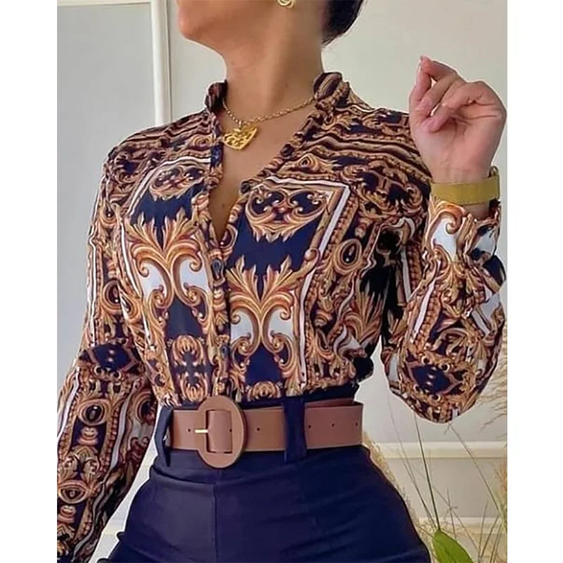 In Stock European and American Women's Clothing Cross-Border Summer Fashion New Printed Stand Collar Single-Breasted Long Sleeve