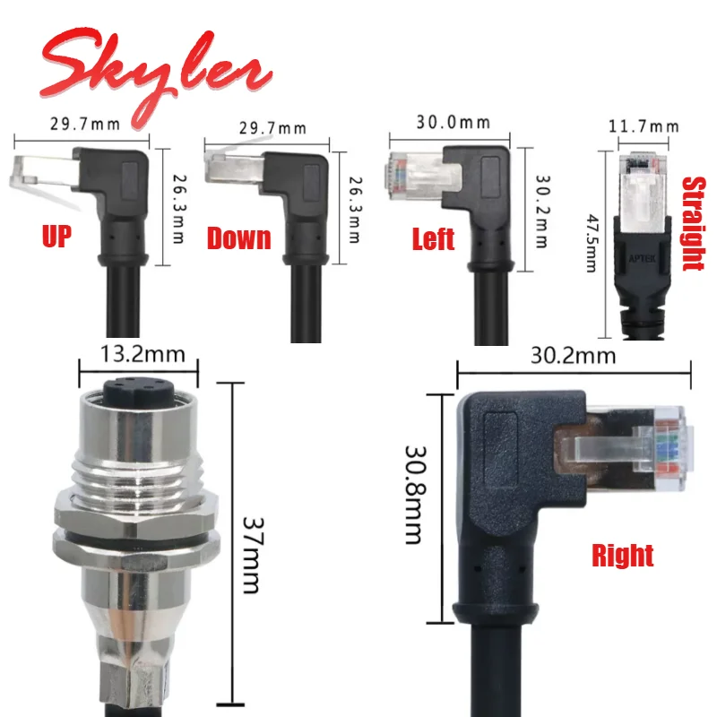 M12 4Pin D-type Panel Type Socket to RJ45 Connector 8Pin X-type Shield Network Plug A-code PG9 5pin to pj45 Straight Elbow Head