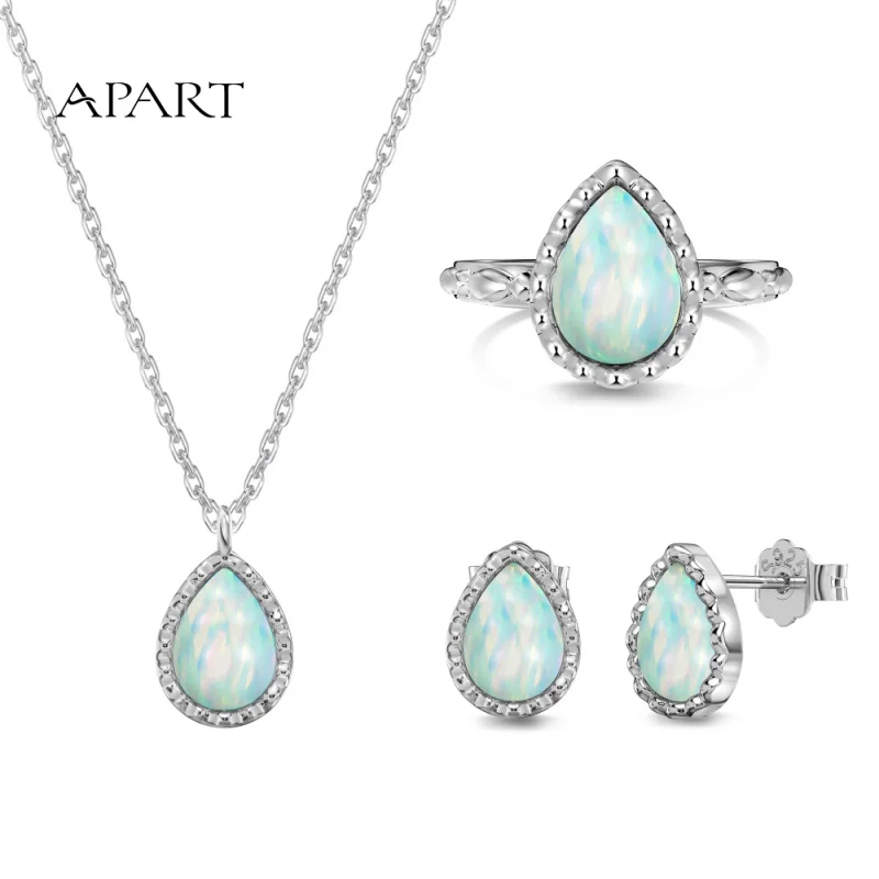 

Apart fashion trendy unique sterling silver waterdrop shape white opal necklace earrings ring jewelry set for women gift girl