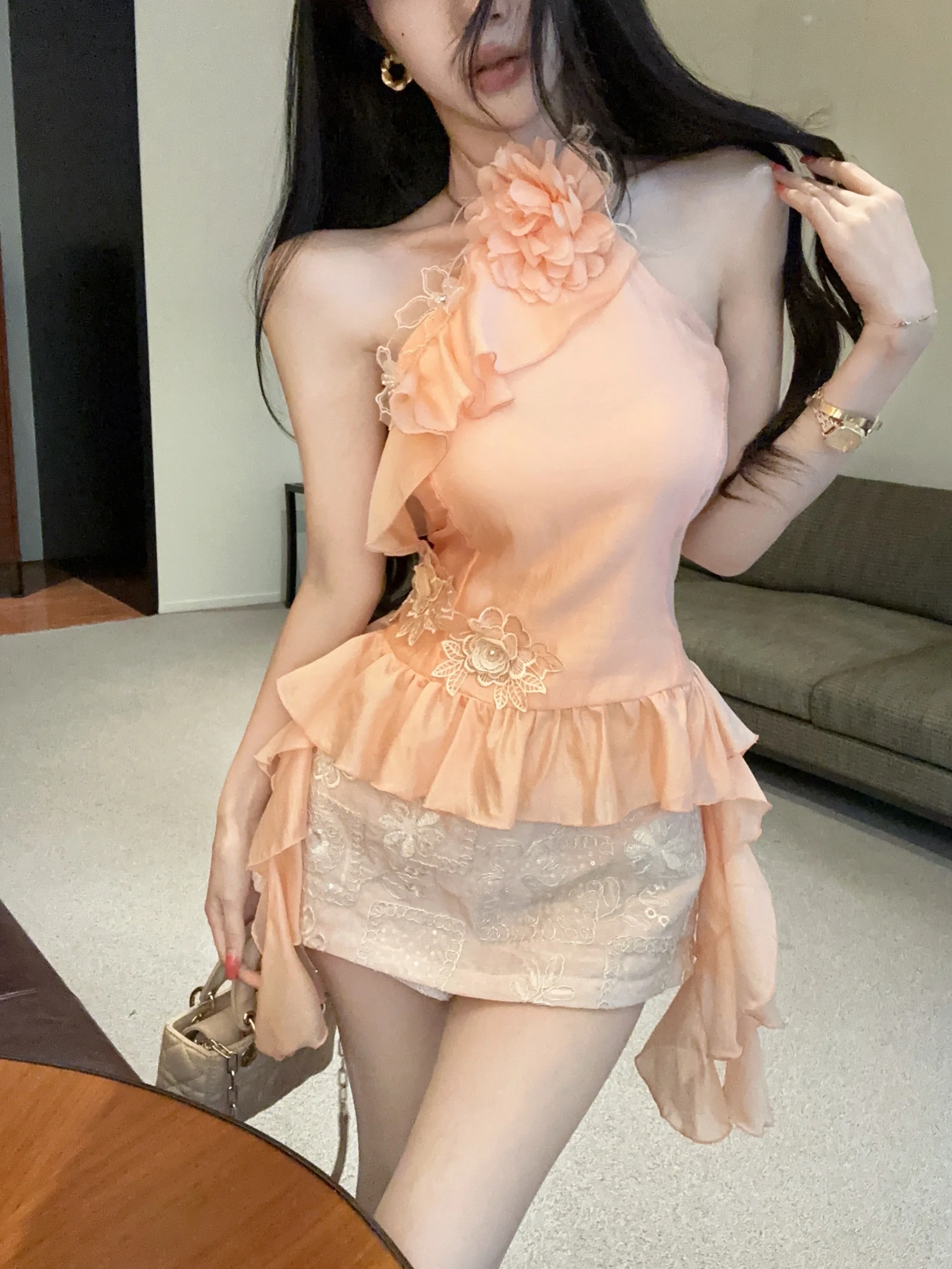 

Peony Flower Neck Hanging 3D Flower Lotus Leaf Slim Fit Short Skirt Summer New Fashion Two Piece Set Women's Clothing