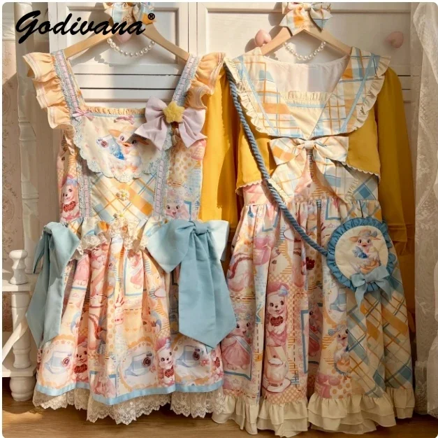 

New Spring and Autumn Lolita OP Dress Fake Two Pieces Original Cute Women's Long Sleeve Sailor Collar Bow Sweet A-line Dresses