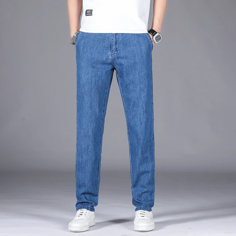

Summer Brand New Men's Fit Straight Thin Breathable Jeans Classic Embroidered Casual Clothing Lightweight Stretch Jeansns