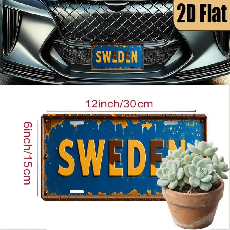 1pc Vintage Sweden License Plate - Swedish Car Decoration with Blue & Yellow Retro Design, Heavy-Duty Aluminum Construction (6x1