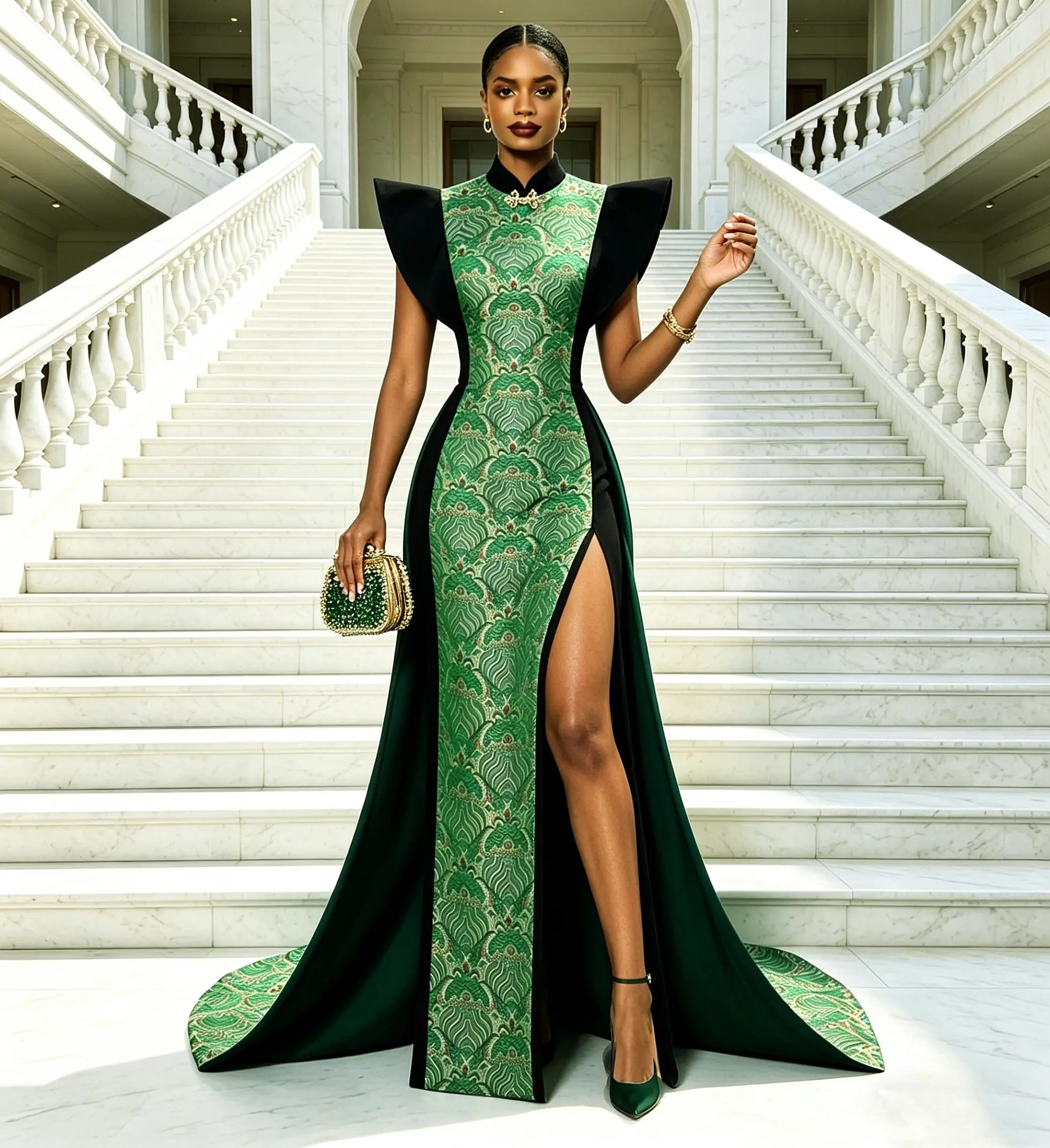 Women's Green Formal Evening Gown, Sleeveless High Slit Maxi Dress with Train, Elegant Gala & Wedding Guest Dress